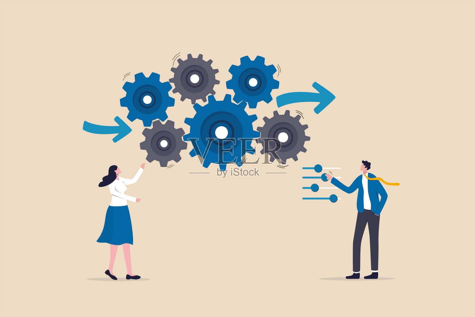 工作流程管理，工作流程优化以获得最佳结果，团队管理或开发计划和流程概念，商务经理优化齿轮工作流程系统以获得最佳结果。插画图片素材