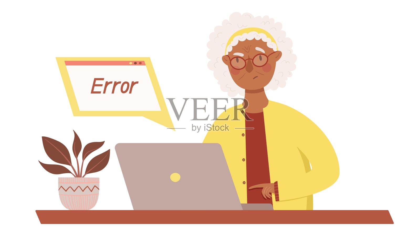 可爱的黑皮肤奶奶在她的电脑工作中发现了一个错误。平面风格的矢量插图插画图片素材