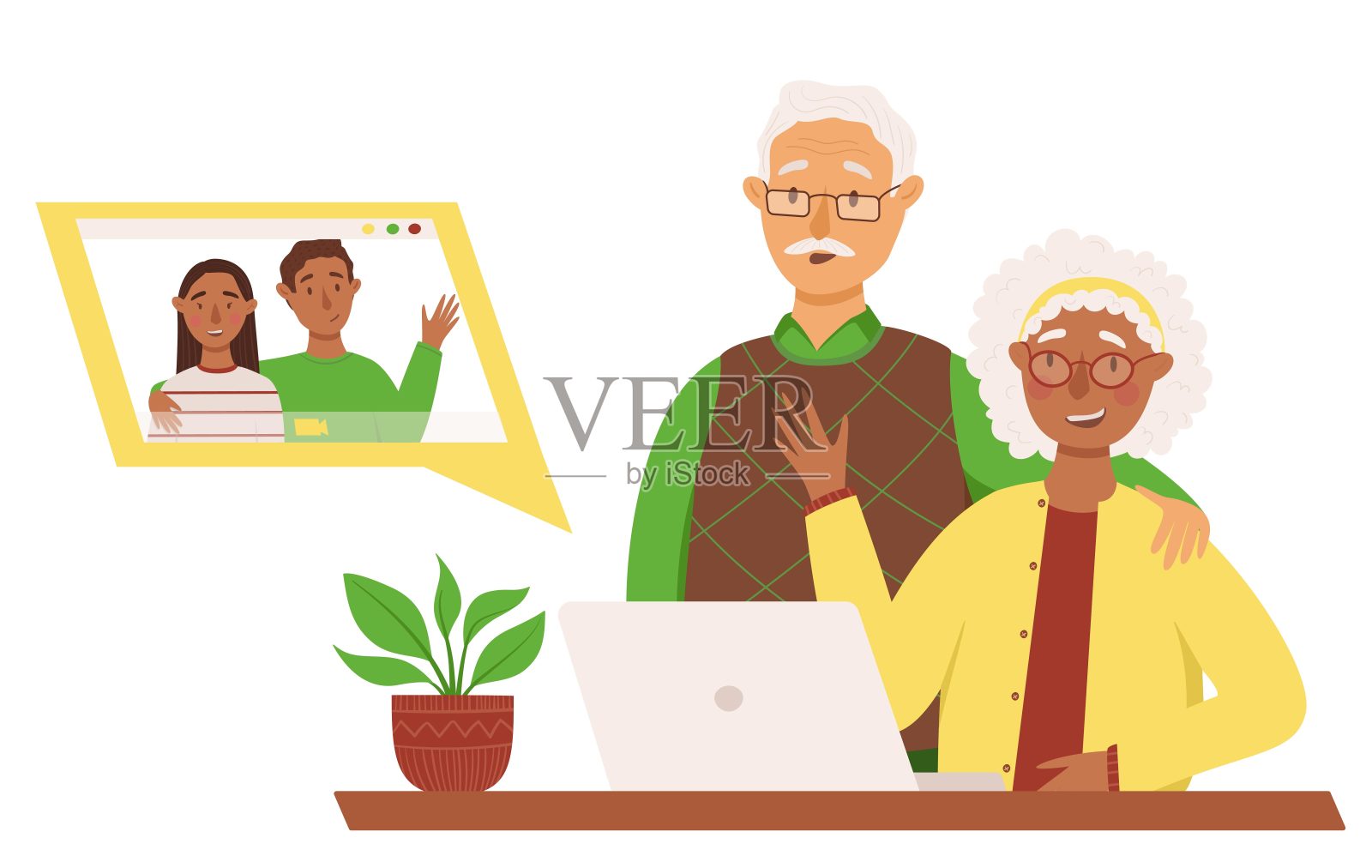 黑皮肤的老女人和白皮肤的老男人与他们的孙子和他的新娘视频通话。老年人的技术。矢量图插画图片素材