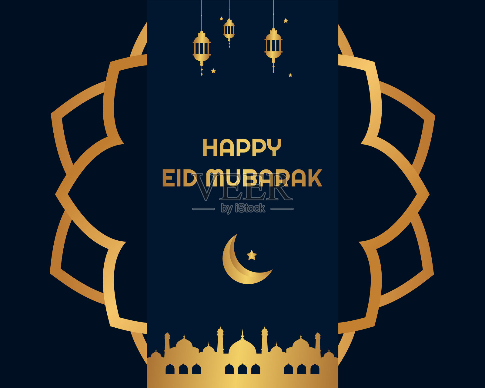 开斋节时伊斯兰设计的新月。灯笼和阿拉伯书法，伟大的贺卡，海报，横幅和背景设计模板素材