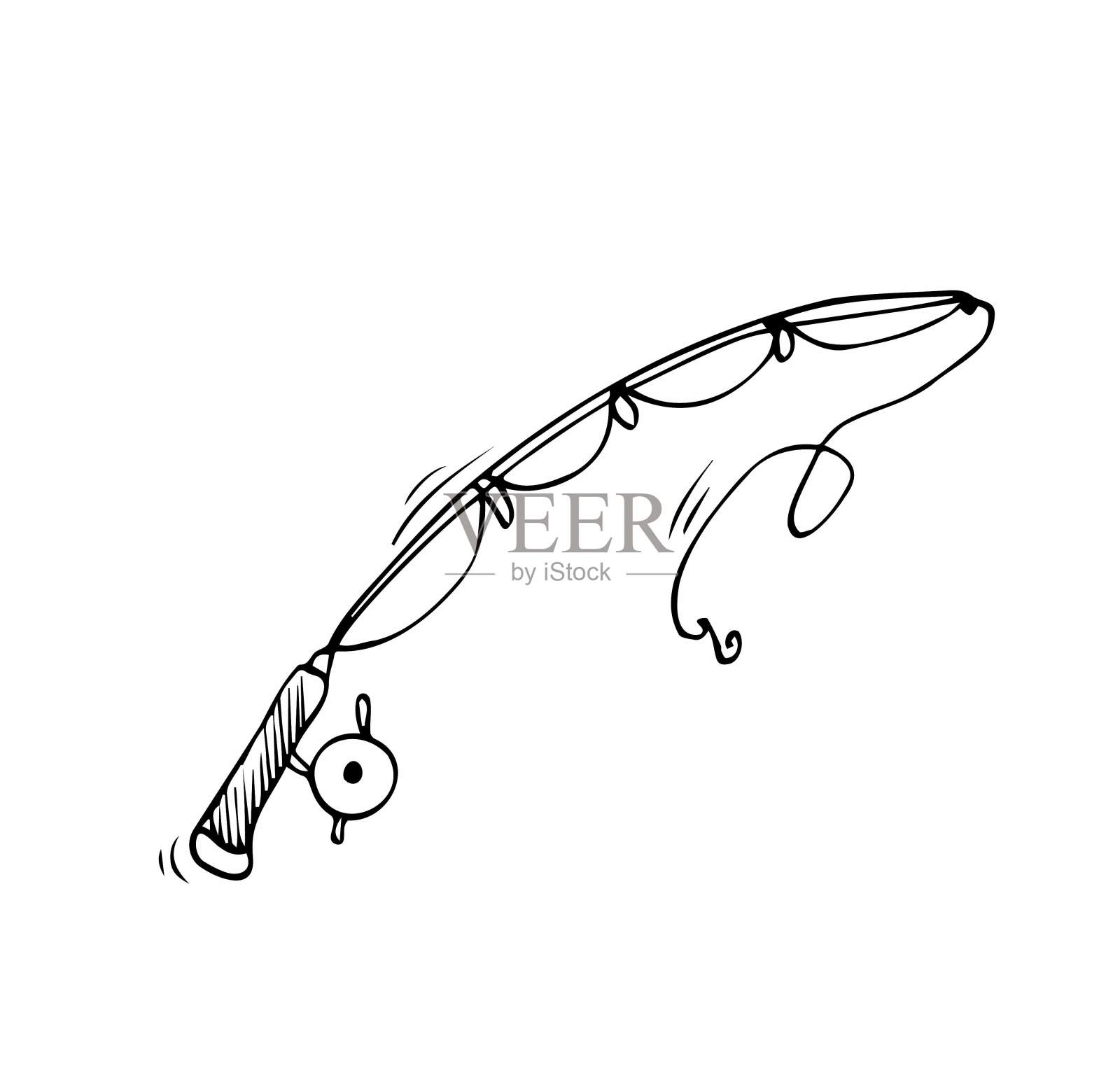 涂鸦轮廓鱼竿图标孤立在白色背景上。插画图片素材