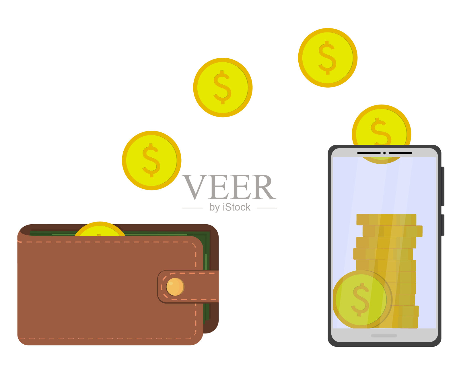 把钱从钱包转到手机，再转回来。金币被堆放在一个透明的屏幕后面。矢量插图，平面卡通色彩最小的设计，孤立的白色背景，eps 10。插画图片素材