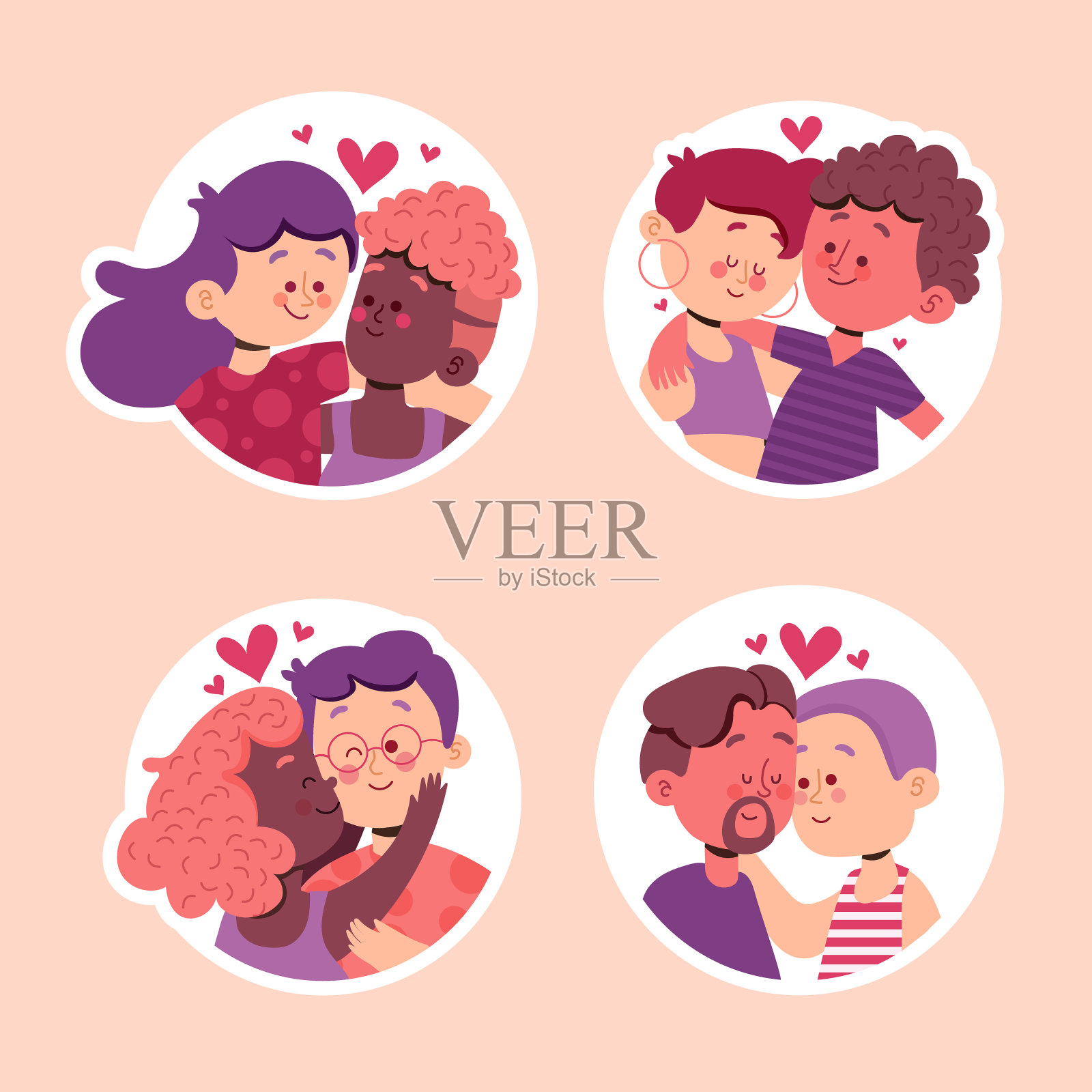 平面设计夫妇贴纸设置矢量插图插画图片素材