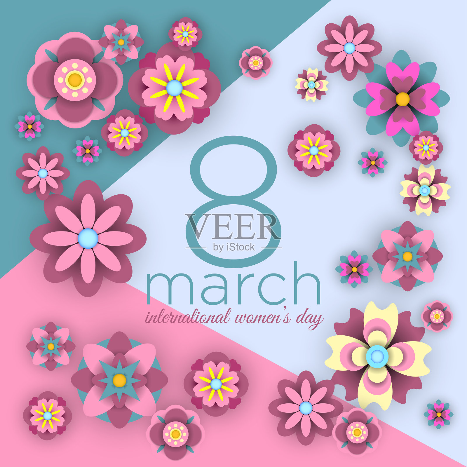 国际妇女节。3月8日。优雅的广告横幅，纸花，包括短信或祝贺设计模板素材