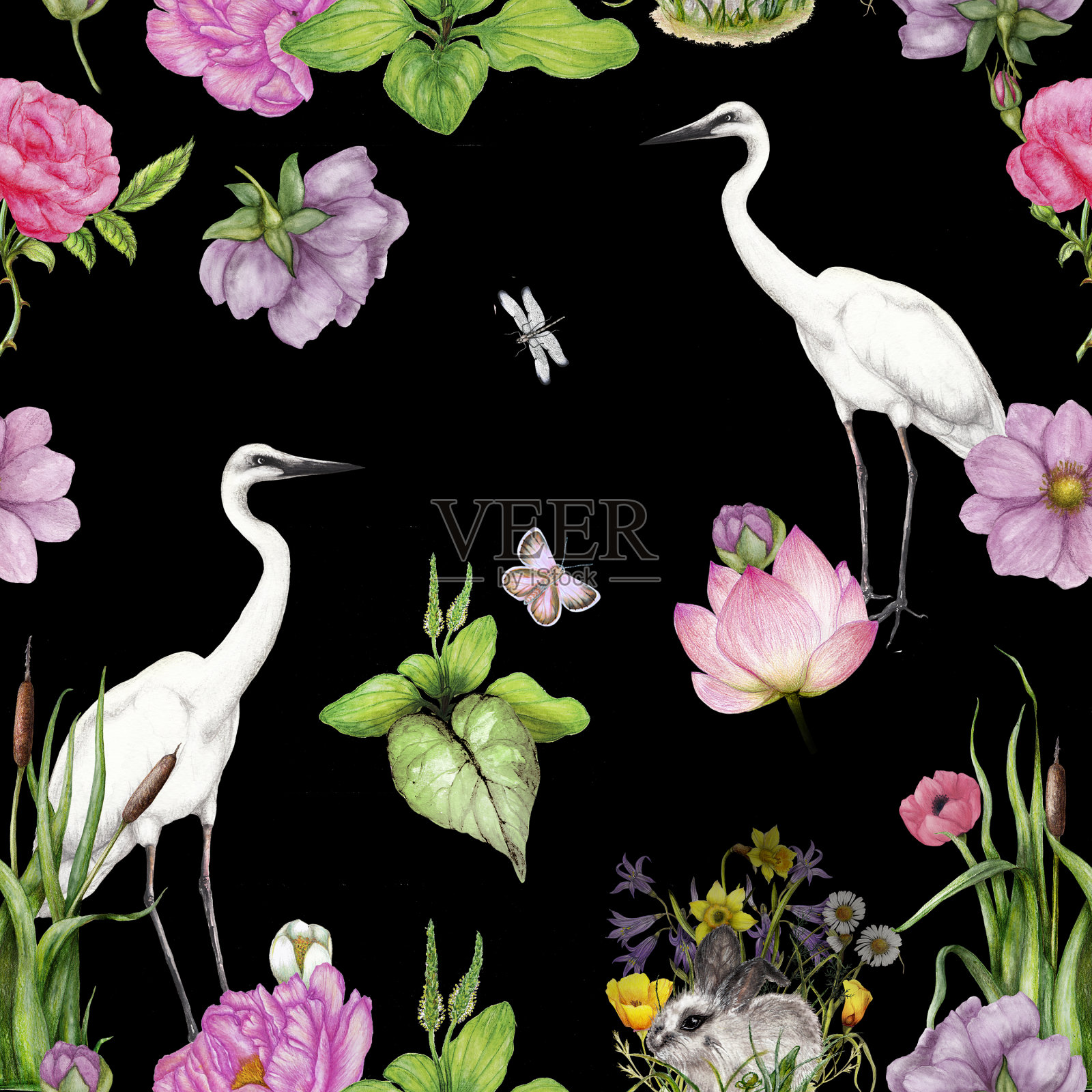 手绘无缝花卉图案与动物插画图片素材