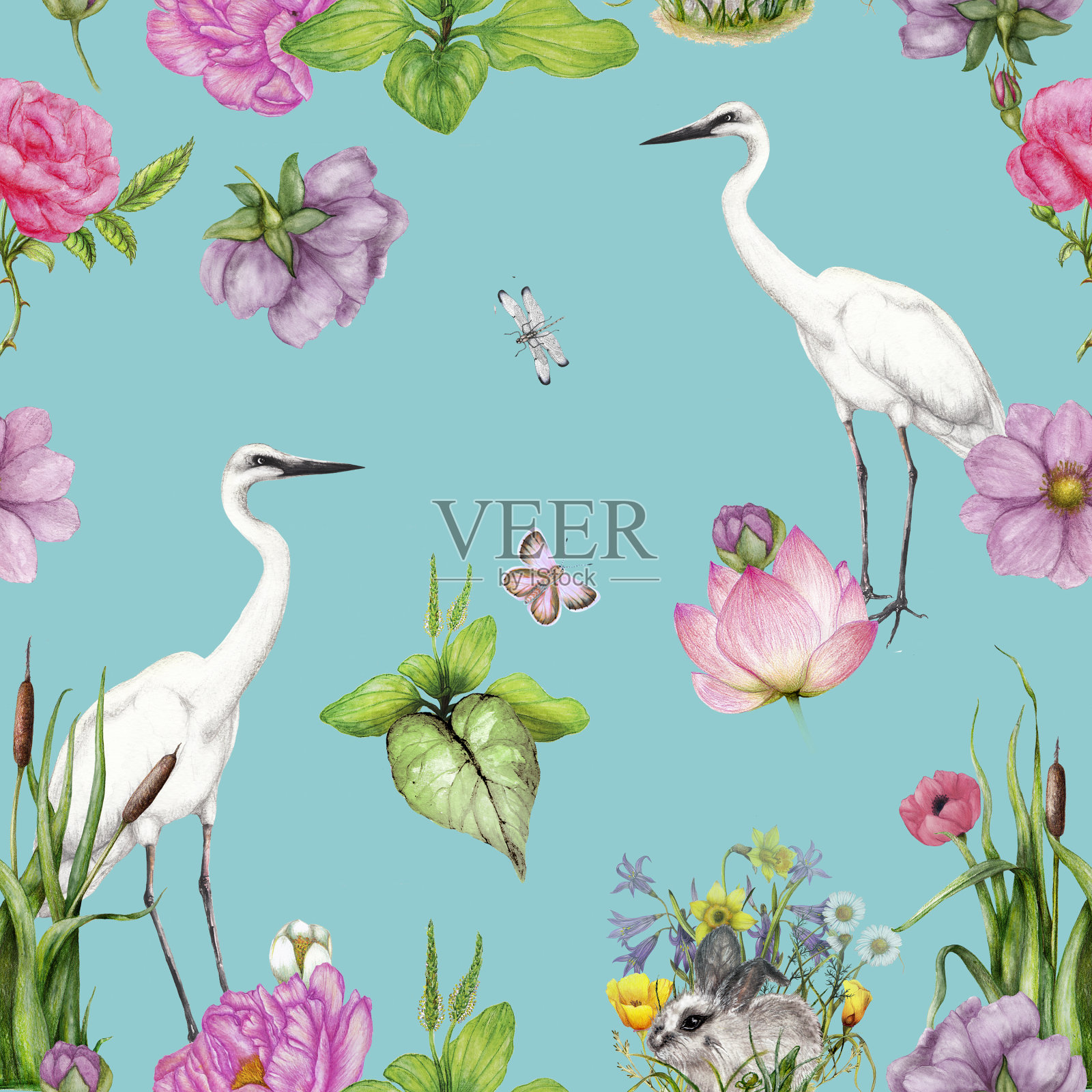 手绘无缝花卉图案与动物插画图片素材