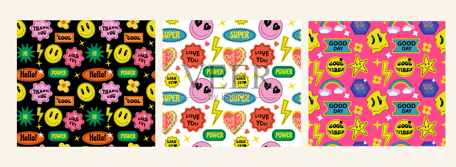 复古70年代补丁贴纸无缝图案设置。别针，邮票，贴纸收集的背景。有趣可爱的漫画人物卡通风格。矢量图插画图片素材