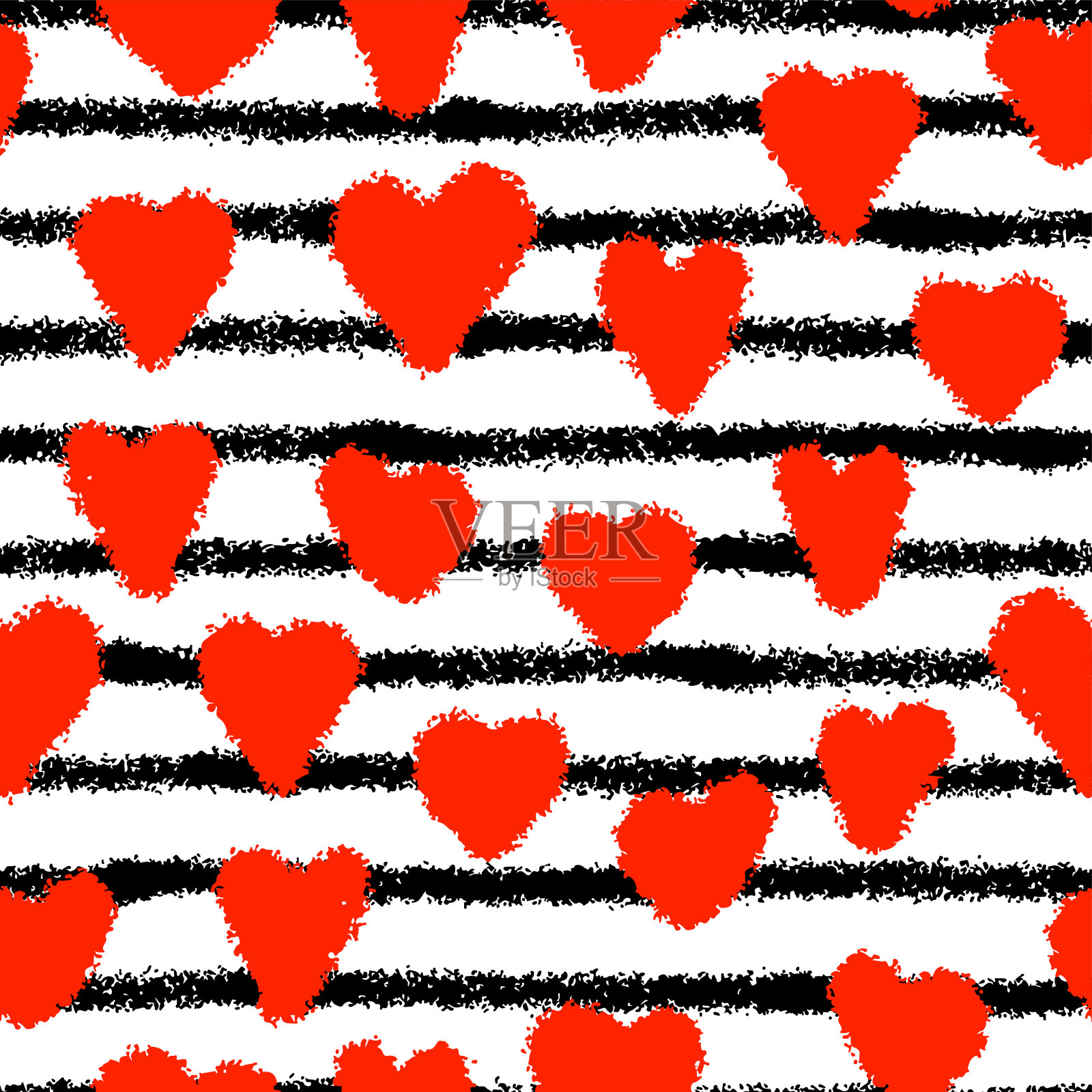 美丽的墨水红心和黑色水平线孤立在白色背景上。可爱的无缝模式。矢量简单平面图形手绘插图。纹理。插画图片素材