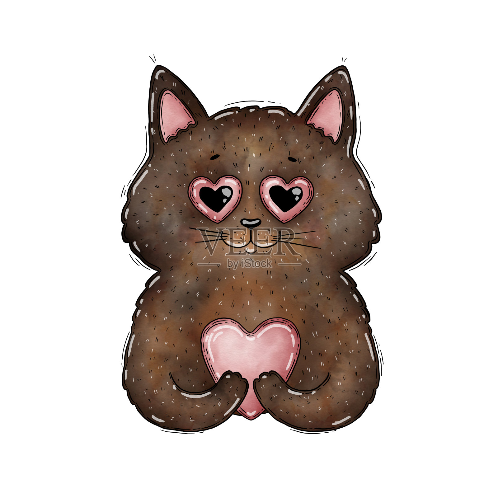 可爱的水彩猫与心的爪子和眼睛孤立在白色。背景为情人节卡片，海报设计插画图片素材