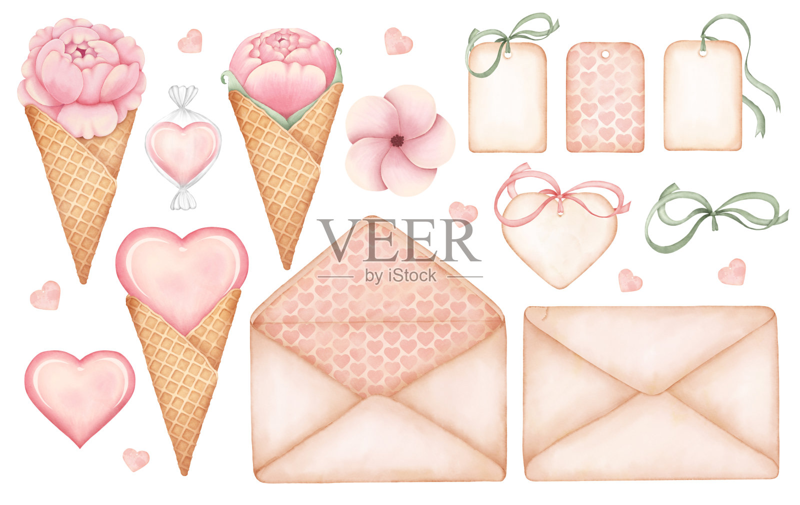 一套水彩元素为情人节，情书，标签标签，心脏，牡丹玫瑰在冰淇淋蛋筒，糖果插画图片素材