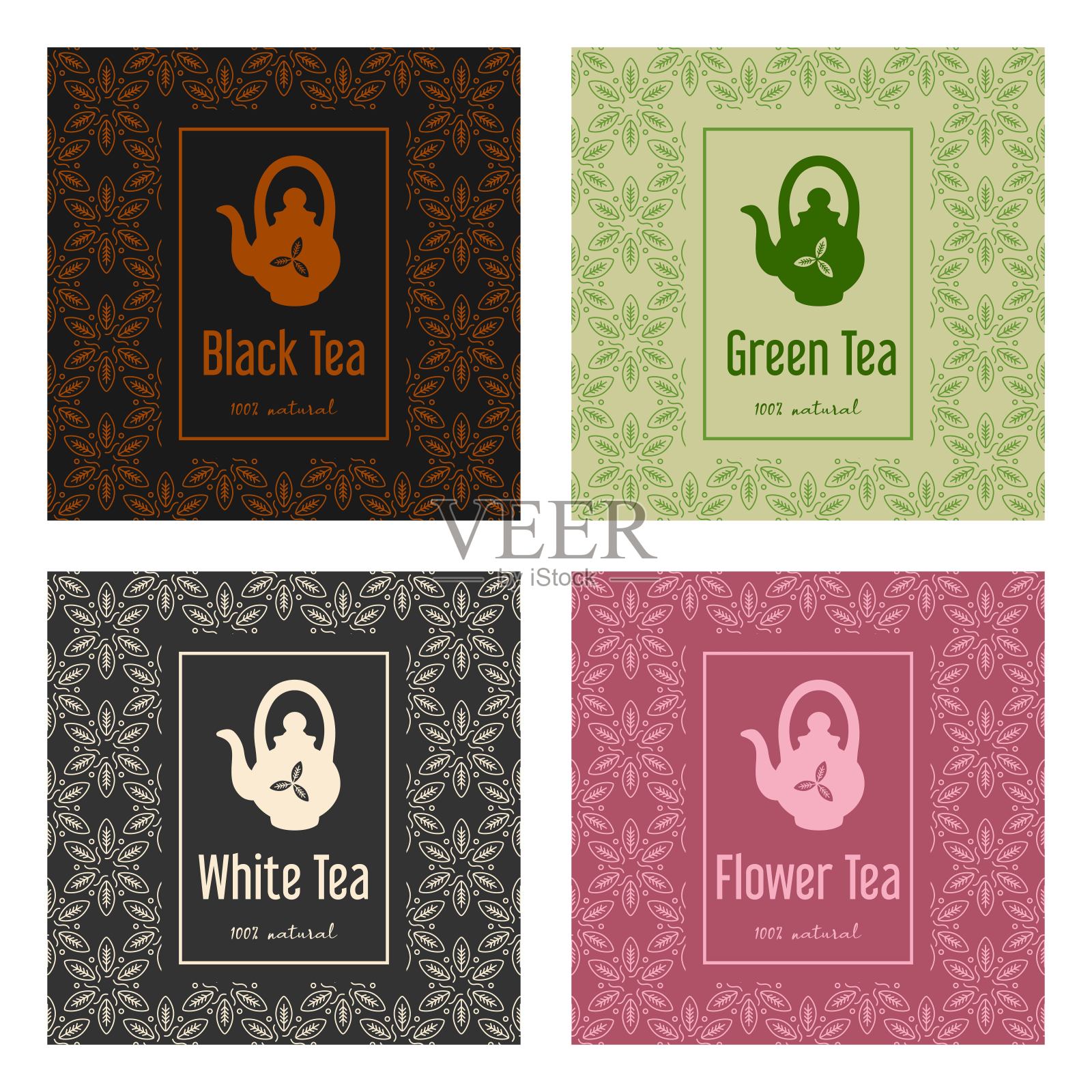 一套向量插图的茶叶包装。手绘的叶子和茶壶图标。包装为绿色，茉莉花，白茶和红茶插画图片素材