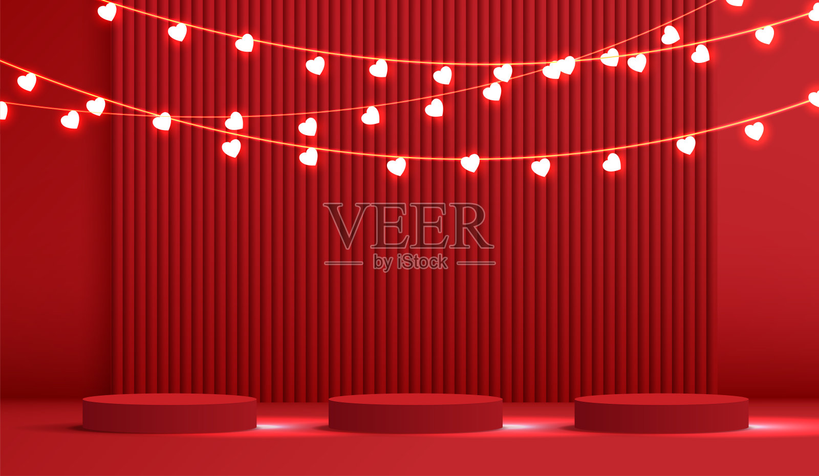 情人节快乐，讲台上装饰着心形灯光。底座场景与产品，化妆品，广告，表演，颁奖典礼，红色背景。矢量设计插画图片素材