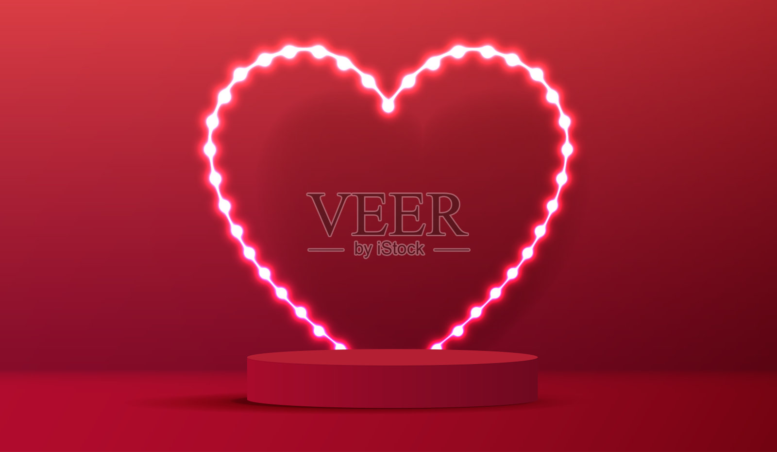 情人节快乐，讲台上装饰着心形灯光。底座场景与产品，化妆品，广告，表演，颁奖典礼，红色背景。矢量设计插画图片素材