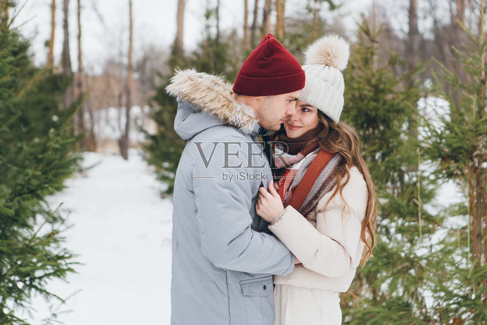 年轻漂亮的夫妇在冬季针叶林中拥抱照片摄影图片