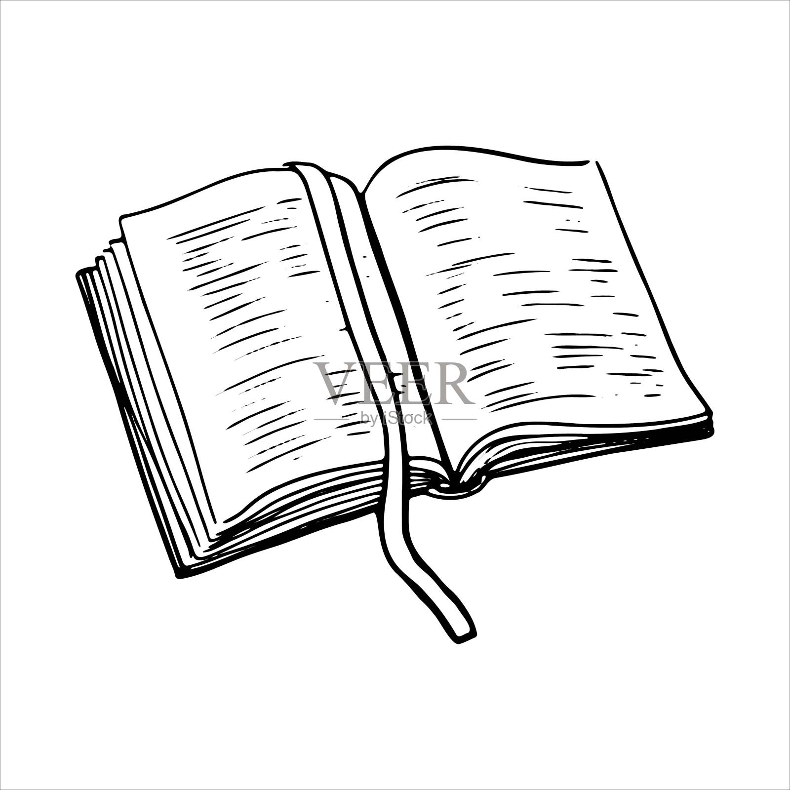 打开书与书签的轮廓上的白色背景插画图片素材