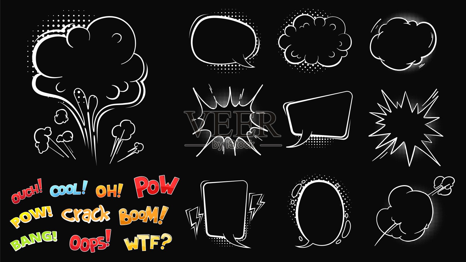 情感语音泡沫。卡通白色泡泡上的黑色，使漫画谈话向量构造器插画图片素材