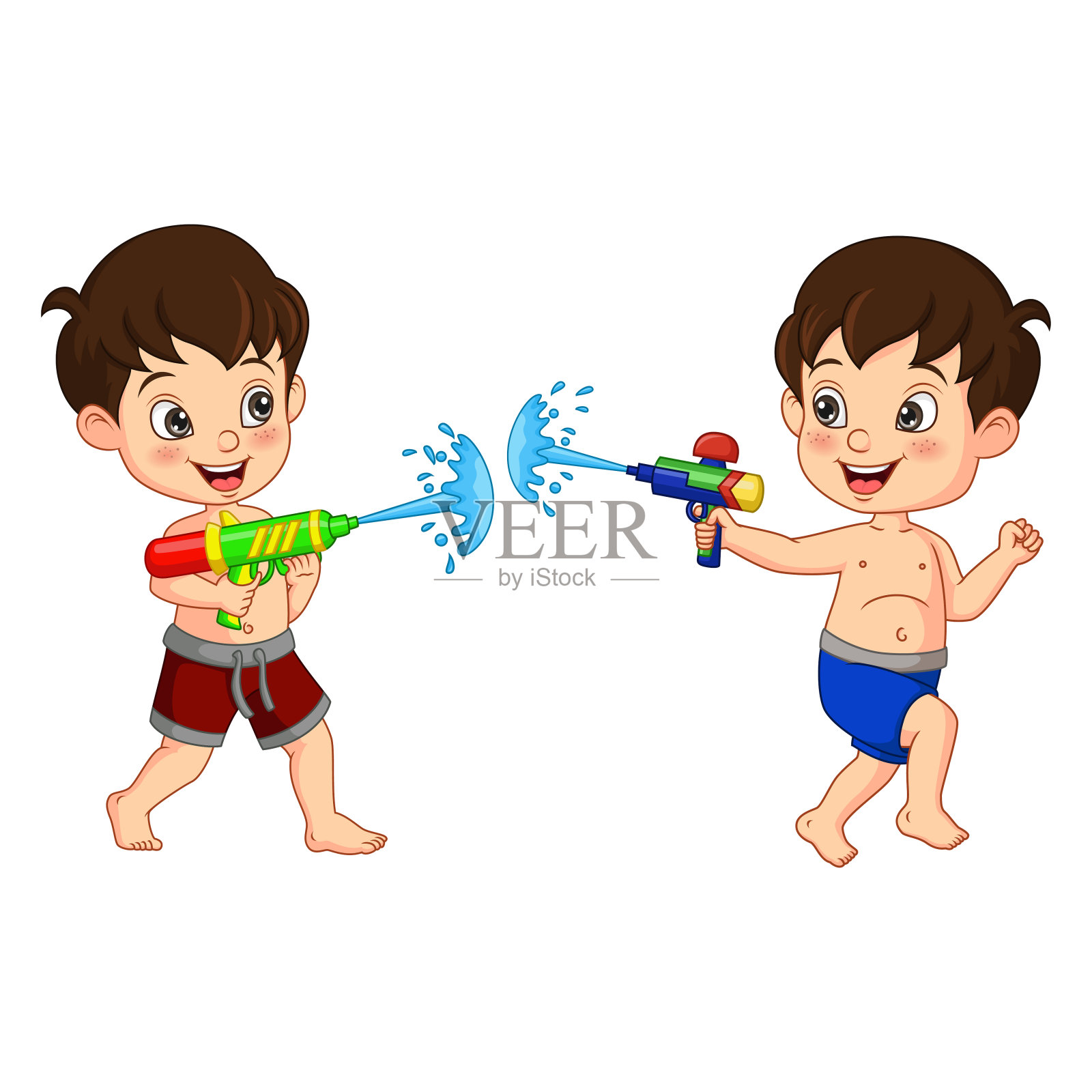 玩水枪的卡通小孩插画图片素材