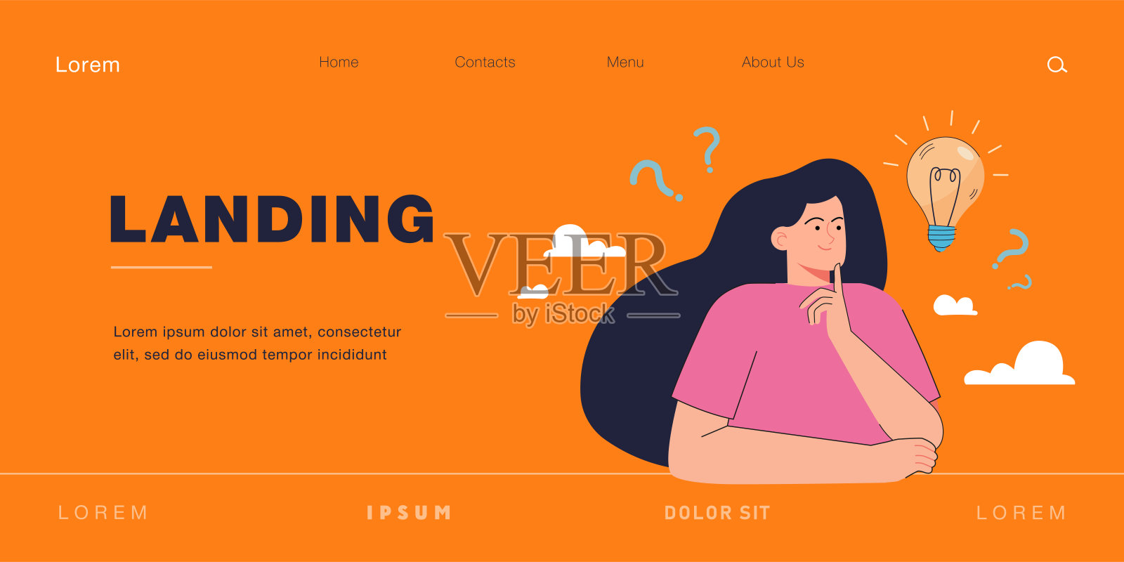 一个女人拿着明亮的灯泡在思考，头顶上挂着问号插画图片素材