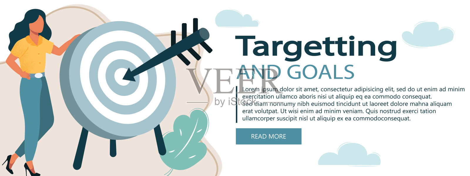 女人用箭击中目标的卡通矢量插图。成功者或目标观念。目标。平面向量插图设计模板素材