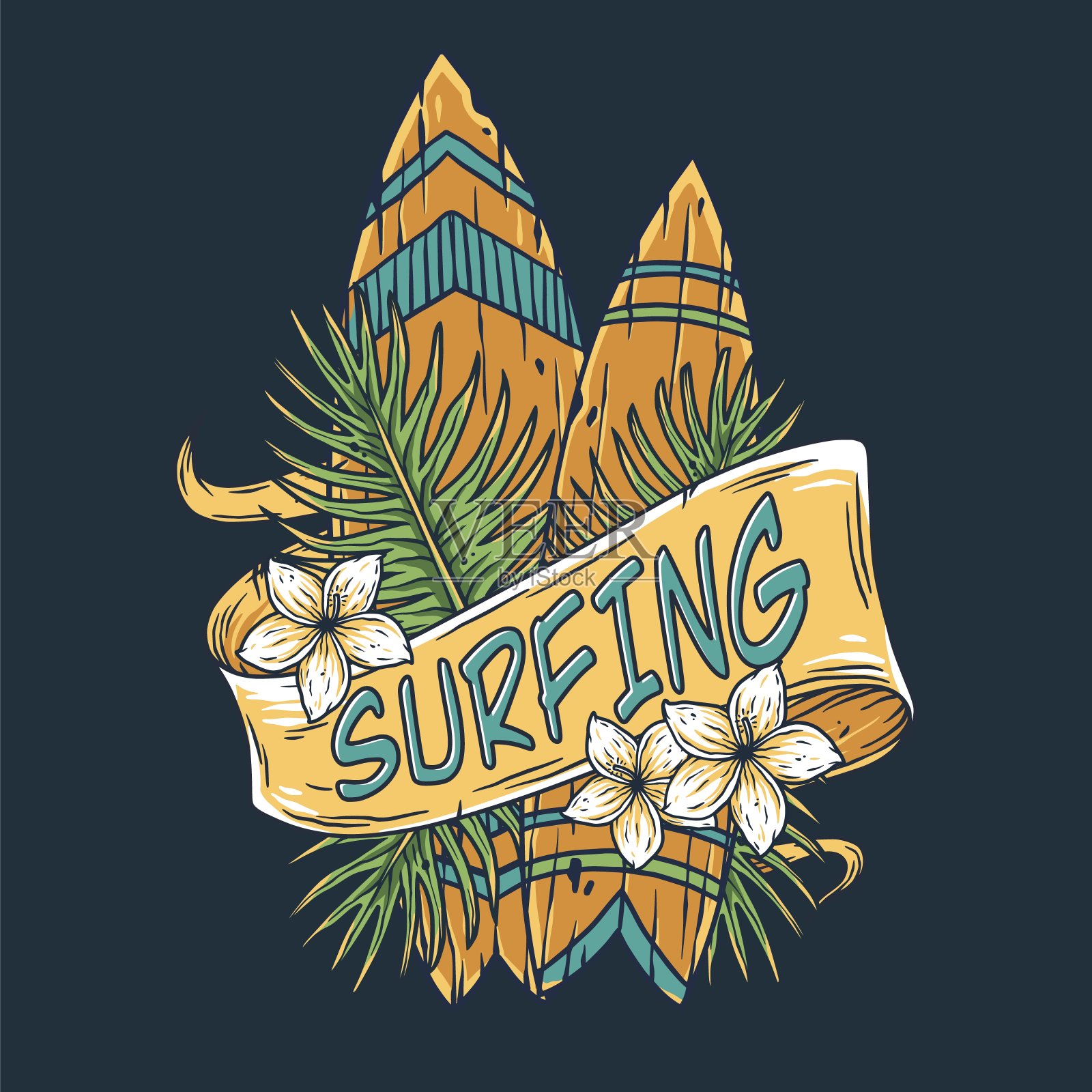 冲浪板。夏威夷冲浪板，提基酒吧冲浪插画图片素材