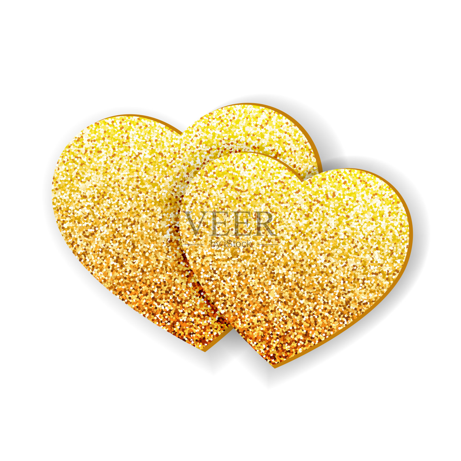两个扁平的闪光心。情人节快乐卡片设计。金光闪闪的心形图案。插画图片素材