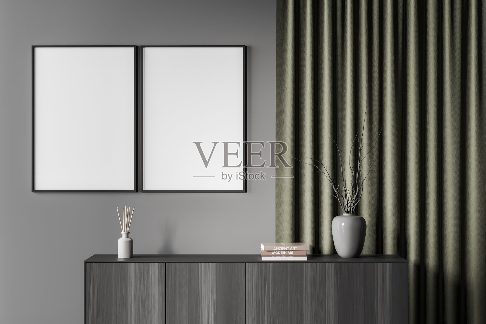 黑暗的客厅内部有两张空白的白色海报，餐具柜照片摄影图片