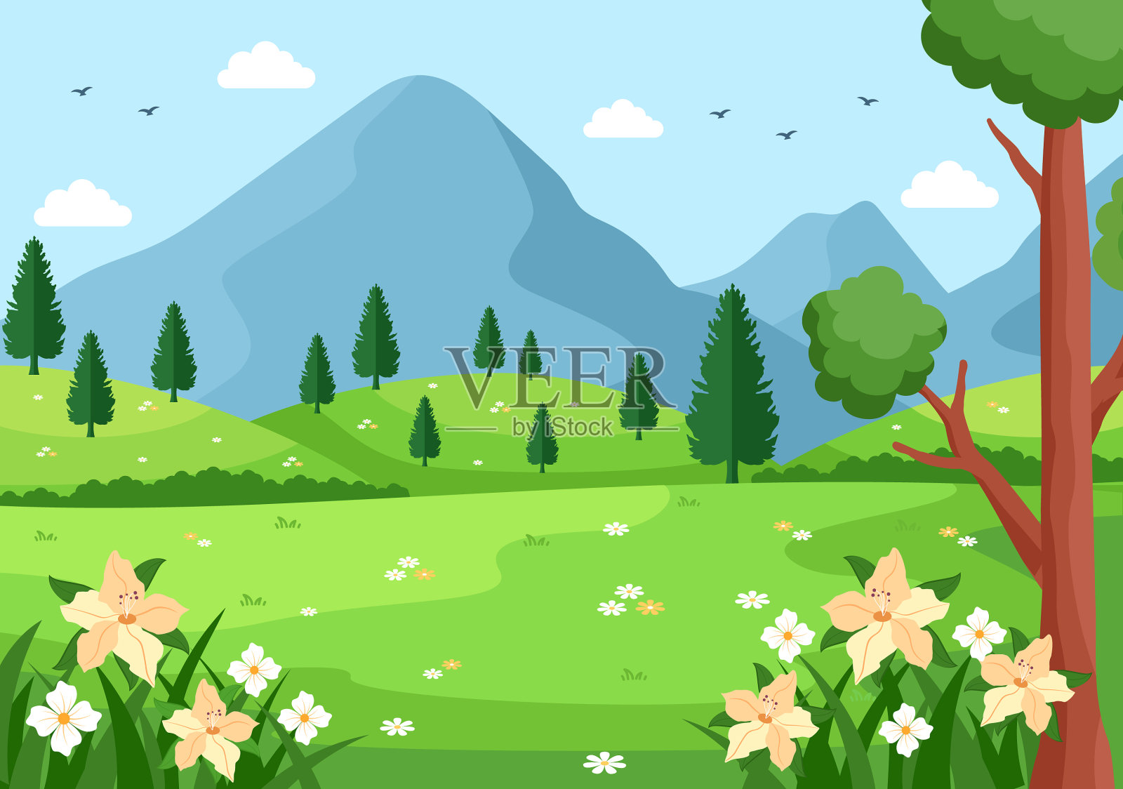 春天的风景背景与鲜花插画图片素材