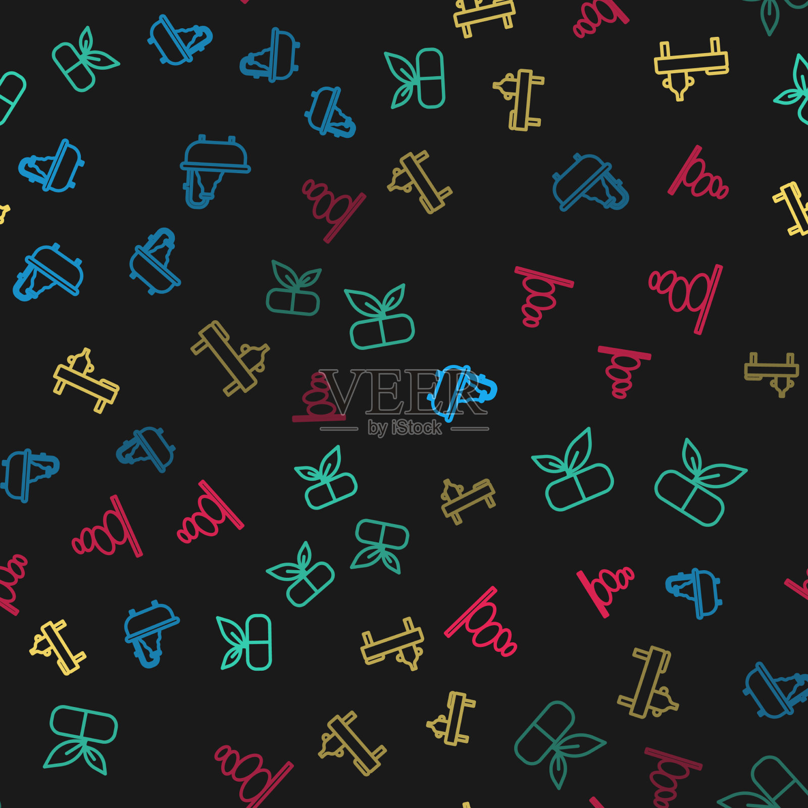 设置线浴缸药用药丸与植物按摩图标素材