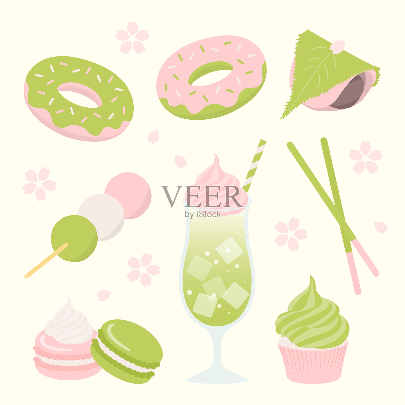 矢量背景与樱花和抹茶糖果横幅，卡片，传单，社交媒体壁纸等。插画图片素材