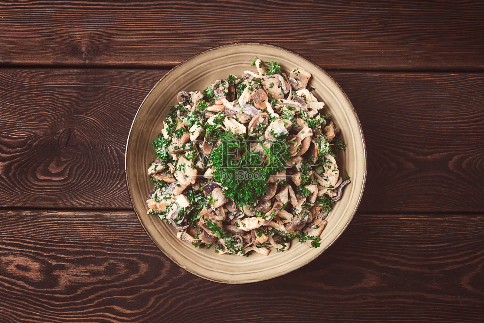 鸡肉蘑菇沙拉，配上香草，用白酱调味，近景，乡村风格，放在木桌上，色调很好，照片摄影图片