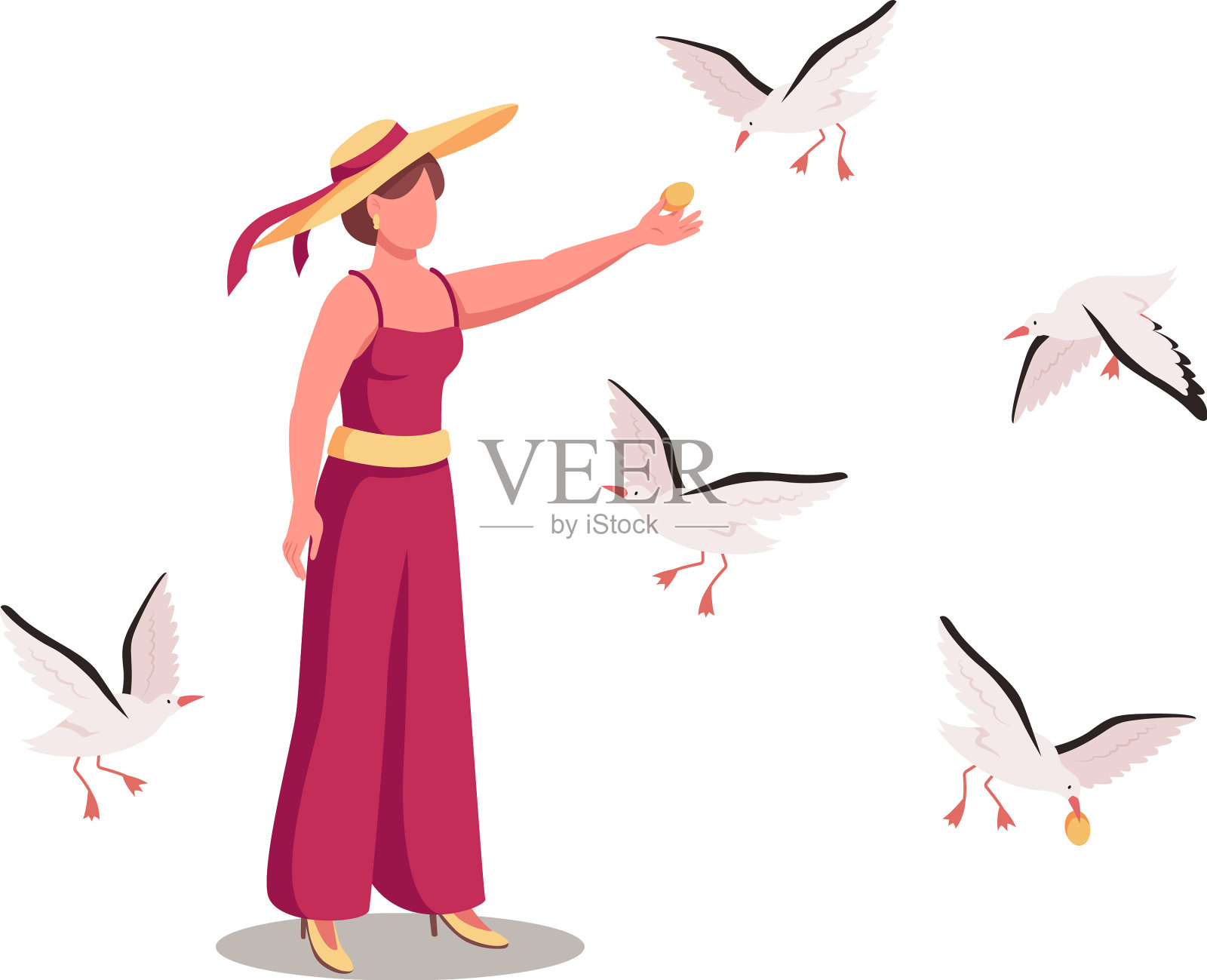 被展翅翱翔的海鸥包围的女士插画图片素材