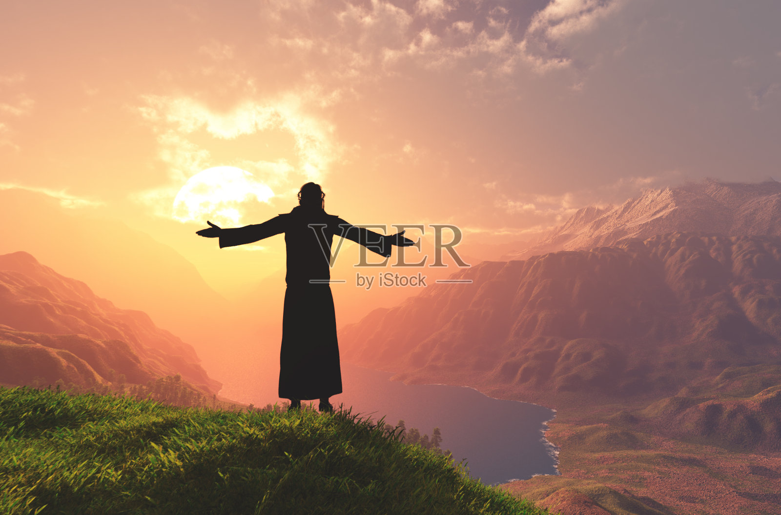 旅人在群山的背景上。照片摄影图片