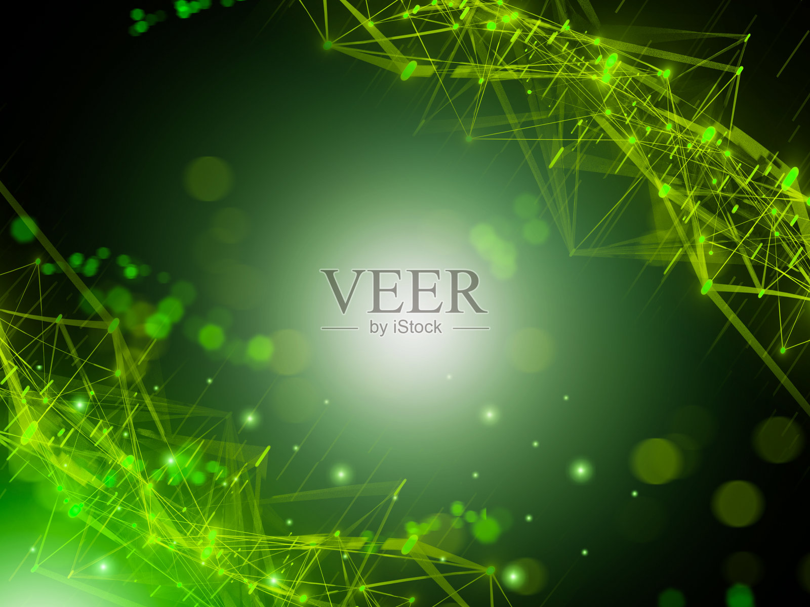 未来多边形抽象发光的绿色。线网与点网数字连接网。几何形状三角形背景。技术交流动态图形。3 d渲染插图。照片摄影图片