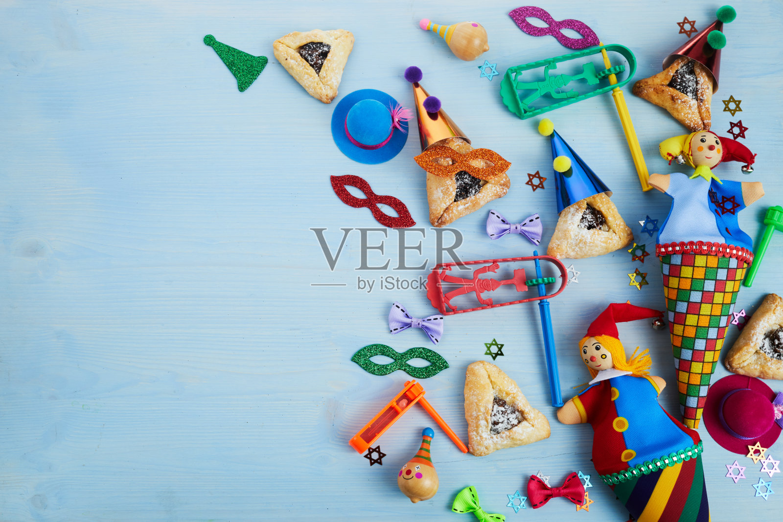 普林节，犹太狂欢节庆祝节日的背景。俯视图，平躺照片摄影图片