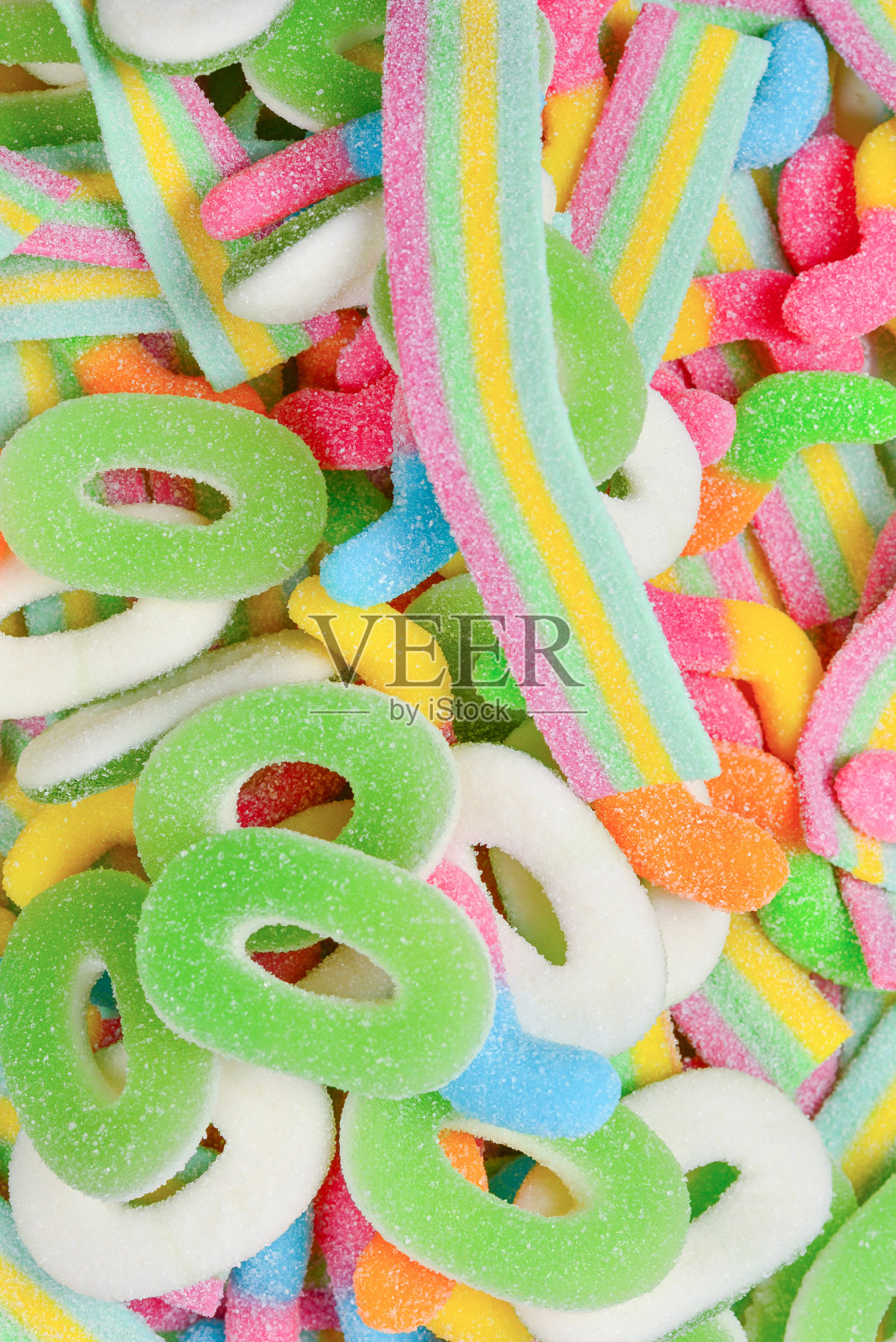 各种胶粘的糖果。前视图。果冻糖果。照片摄影图片