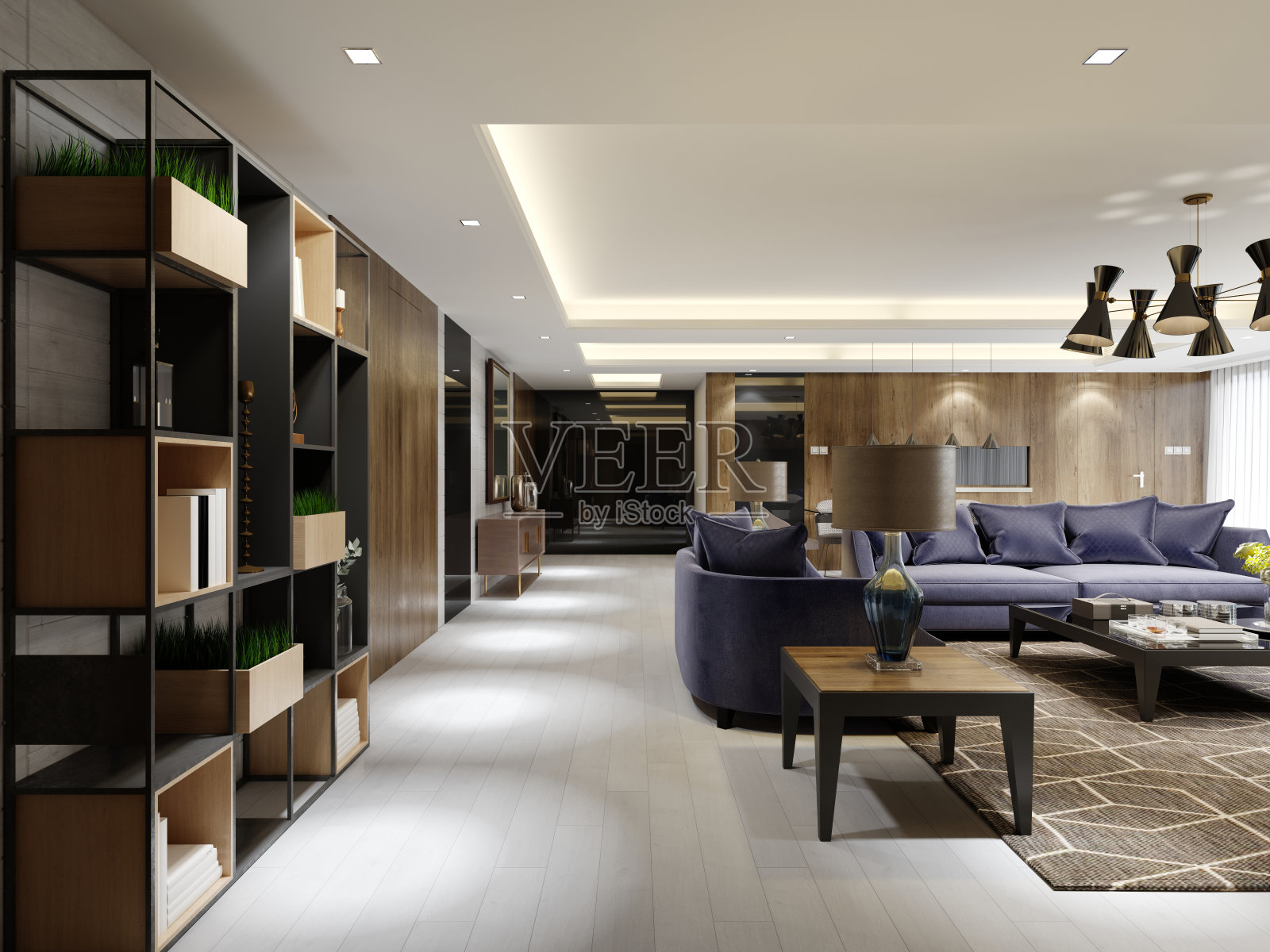 工作室公寓，开放式客厅和厨房，餐桌和墙壁上的木镶板，浅绿色和紫色的家具。照片摄影图片