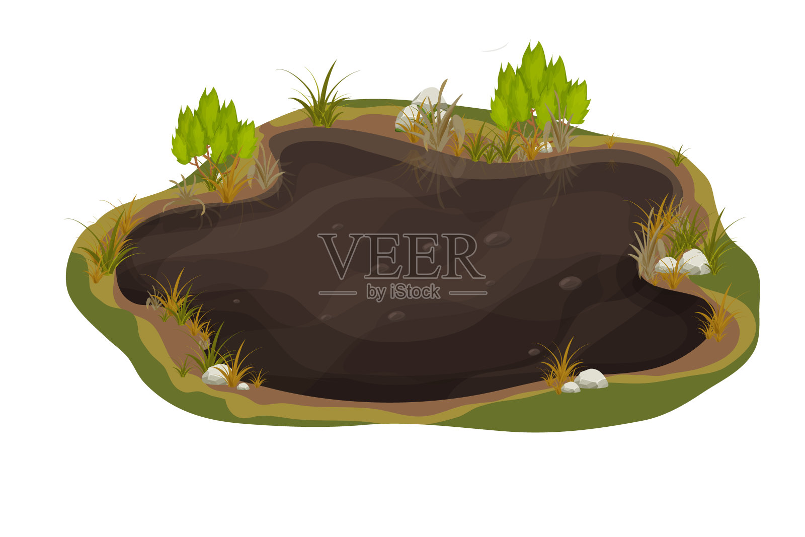 肮脏的泥坑沼泽与石头草卡通风格孤立在白色的背景天然湿土森林池塘