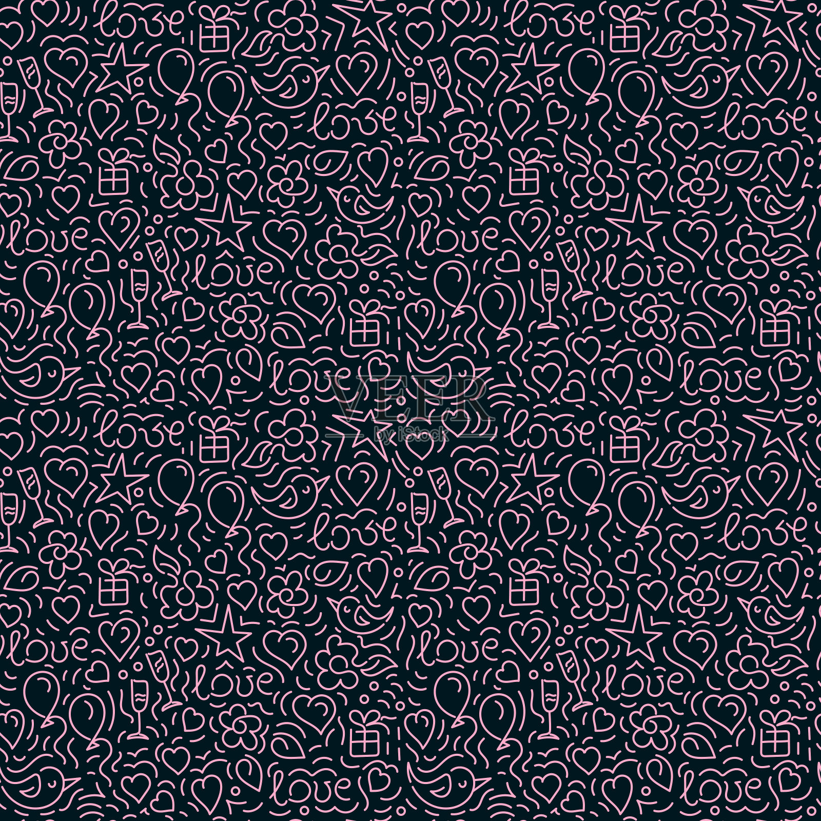 涂鸦无缝图案的文字爱，心，粉红和蓝色。手绘矢量插图插画图片素材