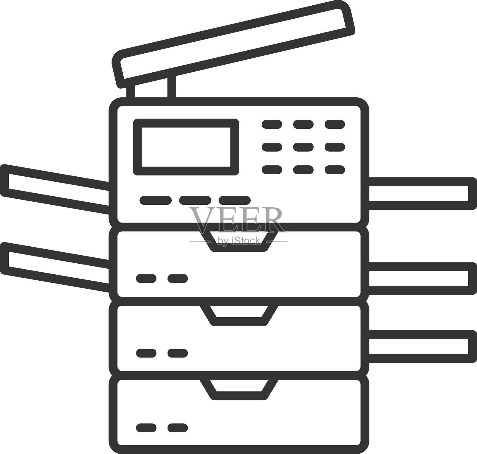 多功能打印机和复印机与打开的纸盒概念矢量图标设计，胶印符号，数字打印机服务标志，Cmyk彩色打印设备库存插图插画图片素材