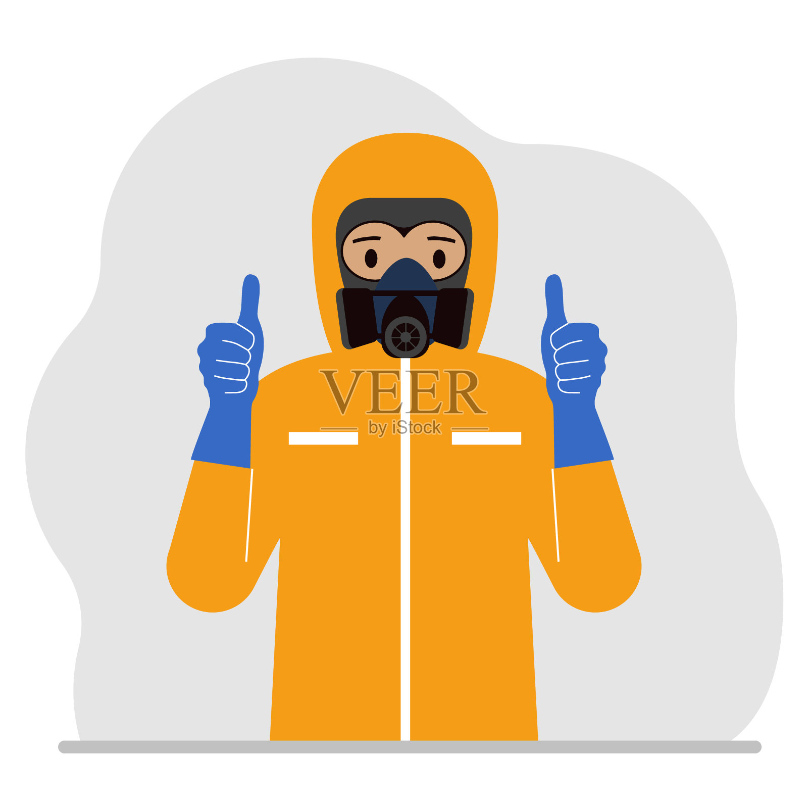 一个穿着黄色防辐射服和戴防毒面罩的头盔的人，穿着化学或生物安全制服。向量插画图片素材