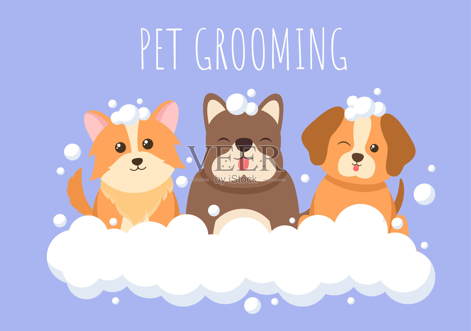 宠物美容的狗和猫在平面卡通手绘背景插图。用于美容院海报或横幅的主要工具插画图片素材