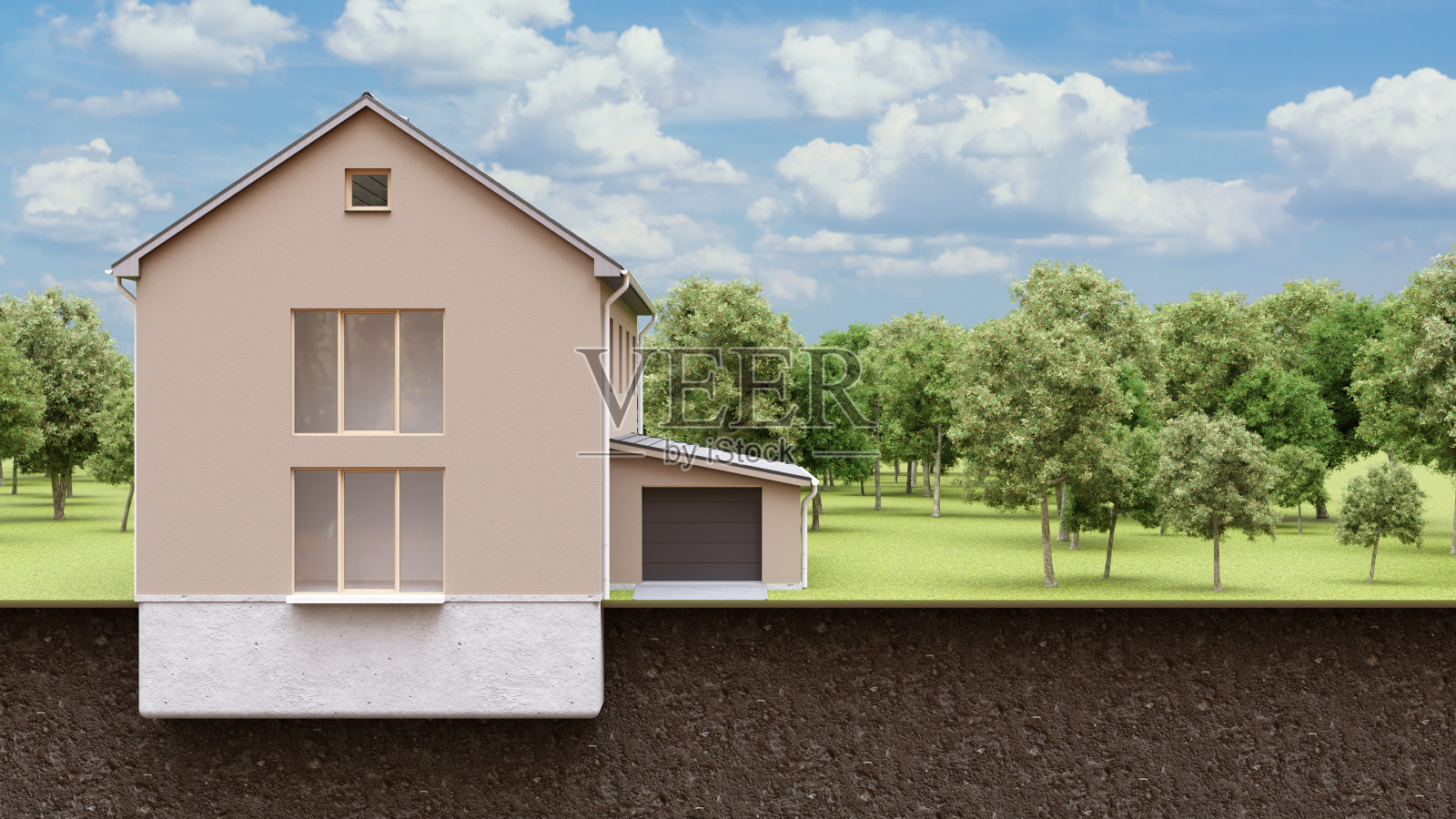 3d地球切片的房子，空房子，带车库的建筑，绿树和蓝天背景下的孤屋。照片摄影图片