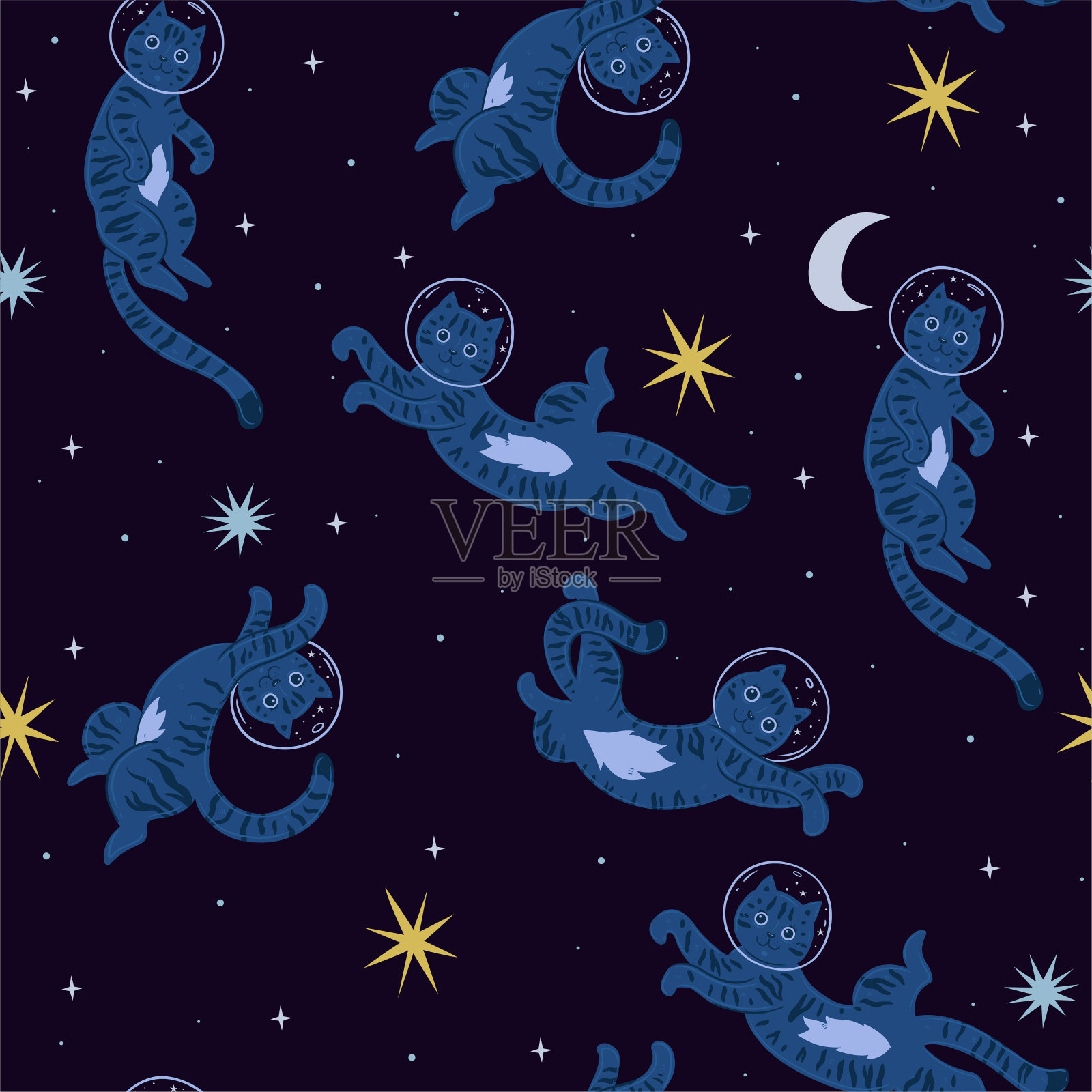 无缝图案与可爱的猫在太空。矢量图形。插画图片素材