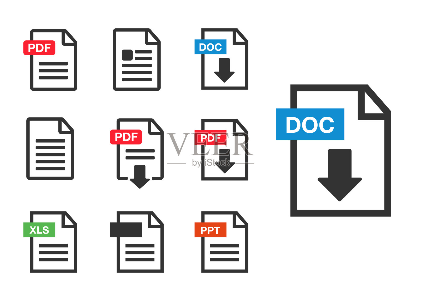 PDF下载图标。文件下载图标。文档文本、符号网格式信息插画图片素材