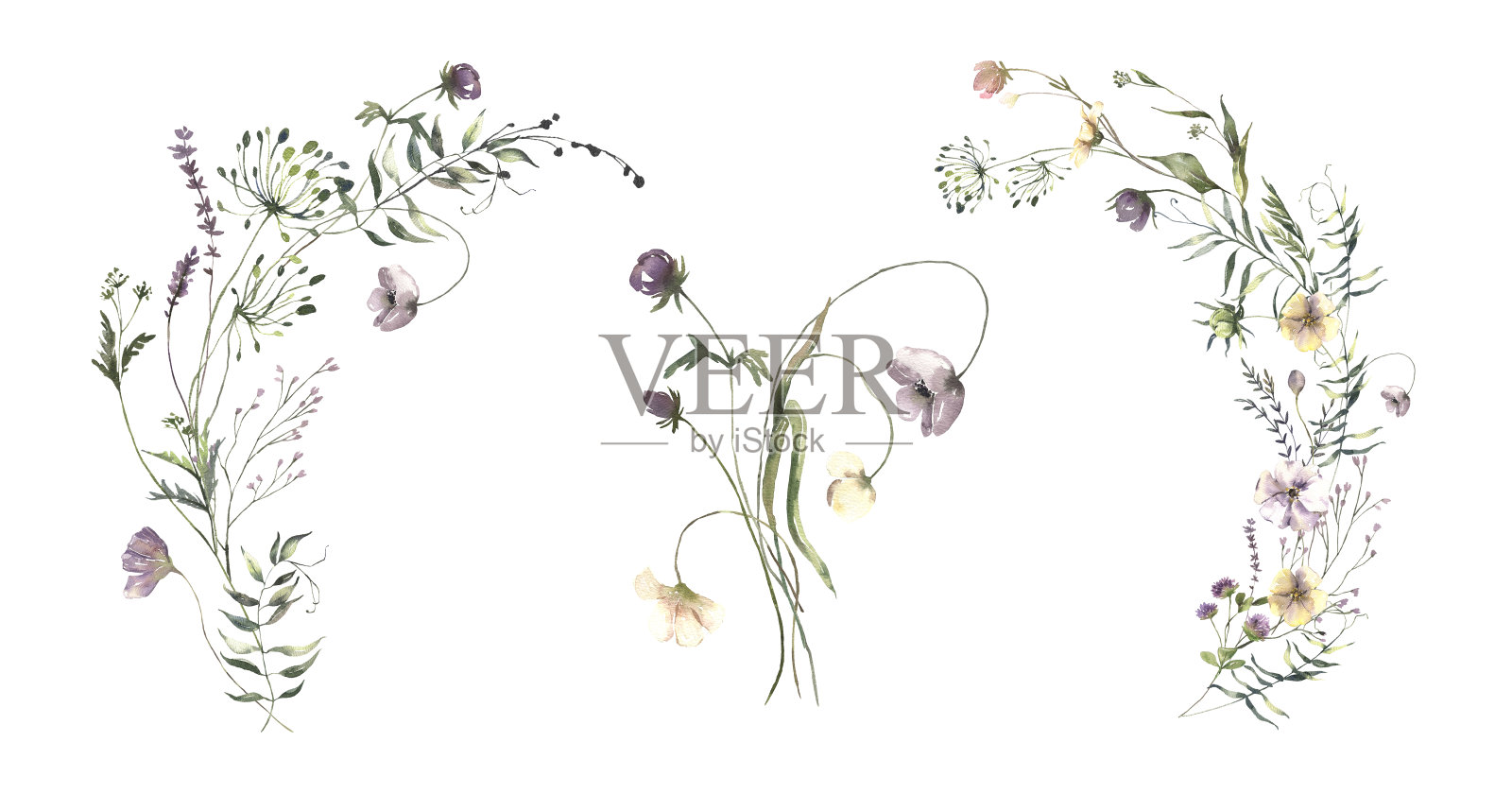 水彩盛夏花束集用手绘精致的叶子、花朵。浪漫的花卉安排完美的婚礼贺卡，邀请插画图片素材