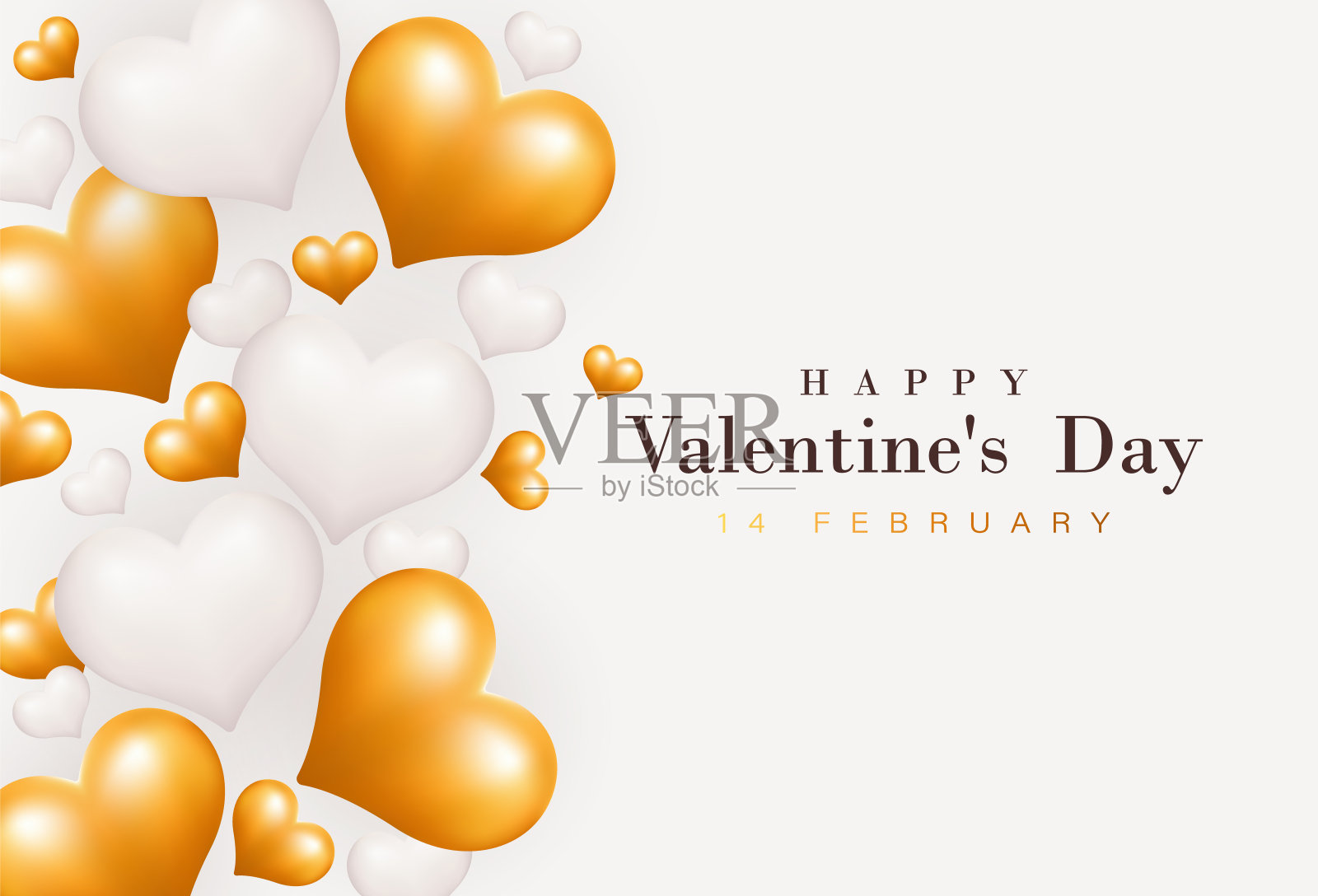 情人节快乐浪漫的横幅背景与现实的白色和金色的心形状。优雅的贺卡模板设计。适用于海报、横幅、婚礼、请柬、明信片插画图片素材