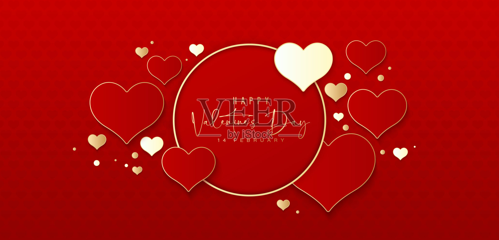 情人节问候横幅设计。优雅的红色和金色心形元素与红色背景上的金圈框架。浪漫的心形图案与空间为您的文本。豪华风格向量插画图片素材
