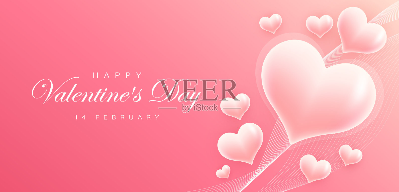 情人节横幅模板。现实的粉红色心形元素与地方的文本。适用于横幅、邀请函、海报、宣传册、明信片、广告、壁纸、网站、宣传单。矢量图插画图片素材