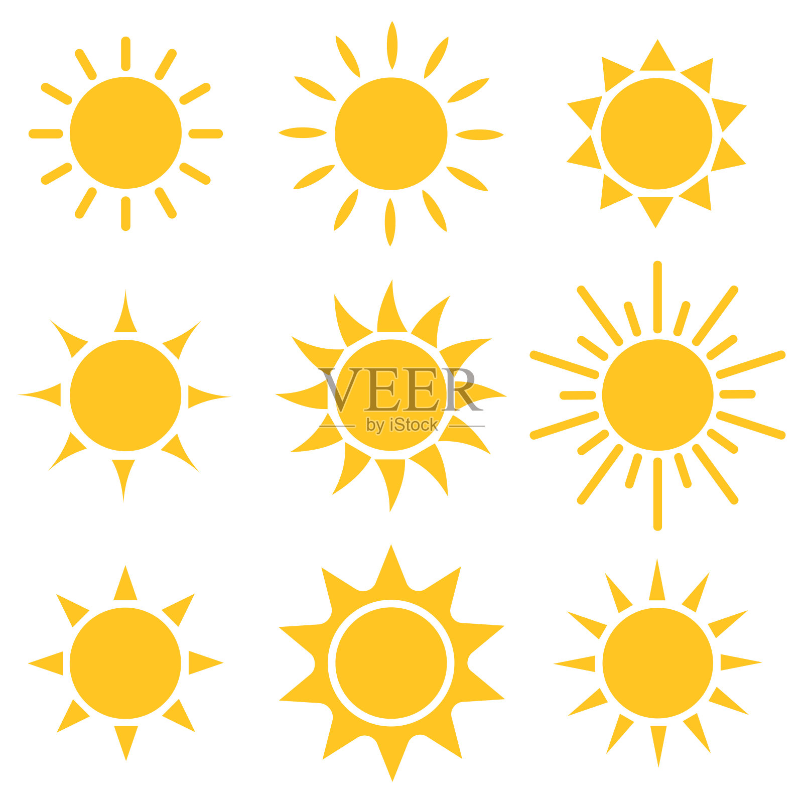 太阳图标向量集。太阳图标集合。夏天的象征。图标素材