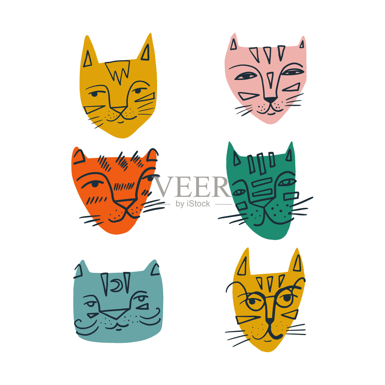 可爱的老虎，象征2022年，素描或涂鸦风格。戴眼镜的老虎，月虎，冷静，微笑的动物。矢量手绘插图。插画图片素材